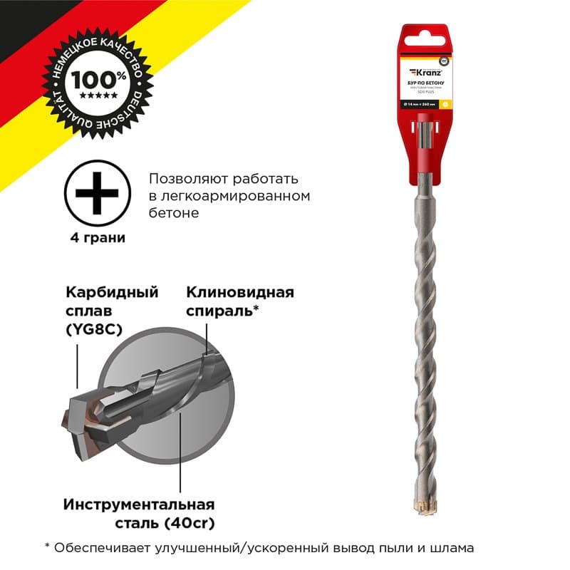 Kranz Бур по бетону 14х260 мм SDS PLUS крестовая пластина KR-91-0837