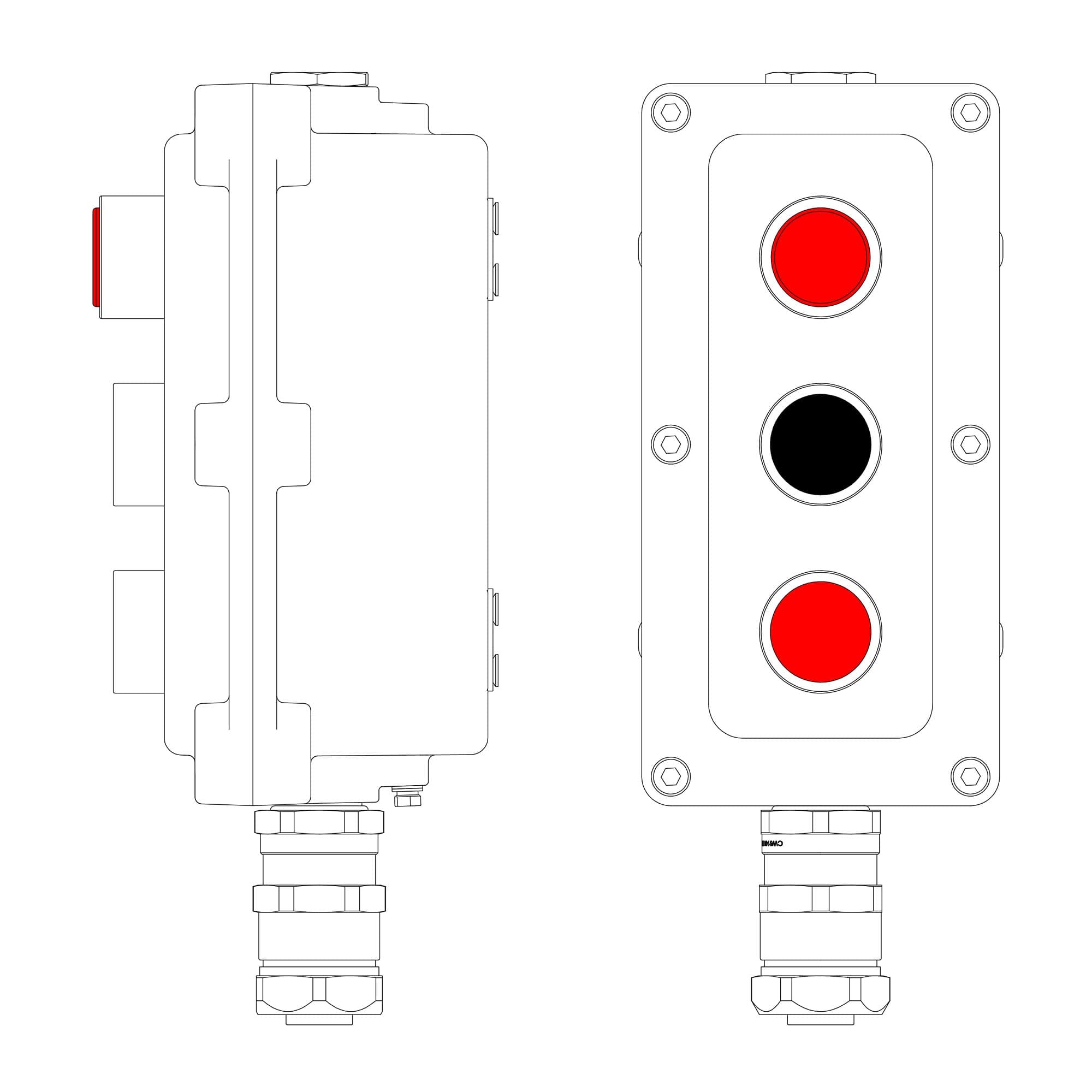 DKC Взрывонепроницаемый пост управления из алюминия LCSD-03-B-MC-L1R(220)x1-P1B(11)x1-P1R(11)x1-PCMB-KAEPM3MHK-20 / 1Ex d IIB T5 Gb / Ex tb IIIC T95°С