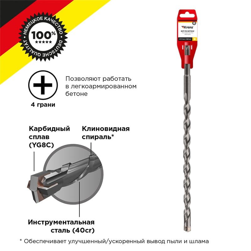 Kranz Бур по бетону 12x460x400 мм SDS PLUS крестовая пластина KR-91-0103
