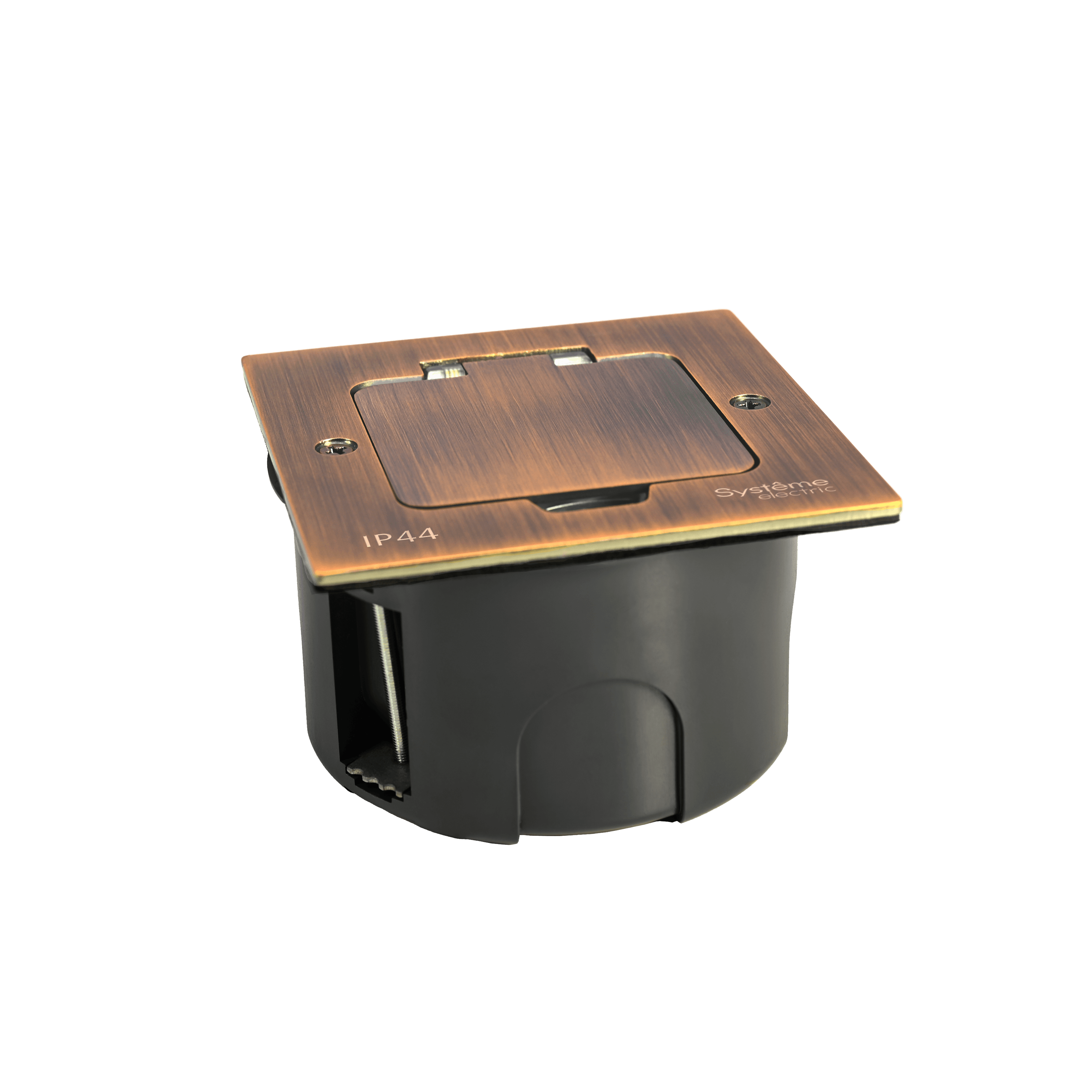 Systeme Elecrtic MultiDesk Медь Лючок с розеткой 2К+З, 16А/250В, IP44 с монтажной коробкой для стены, фальшпола, стола , тип MDK21 — миниатюра 4