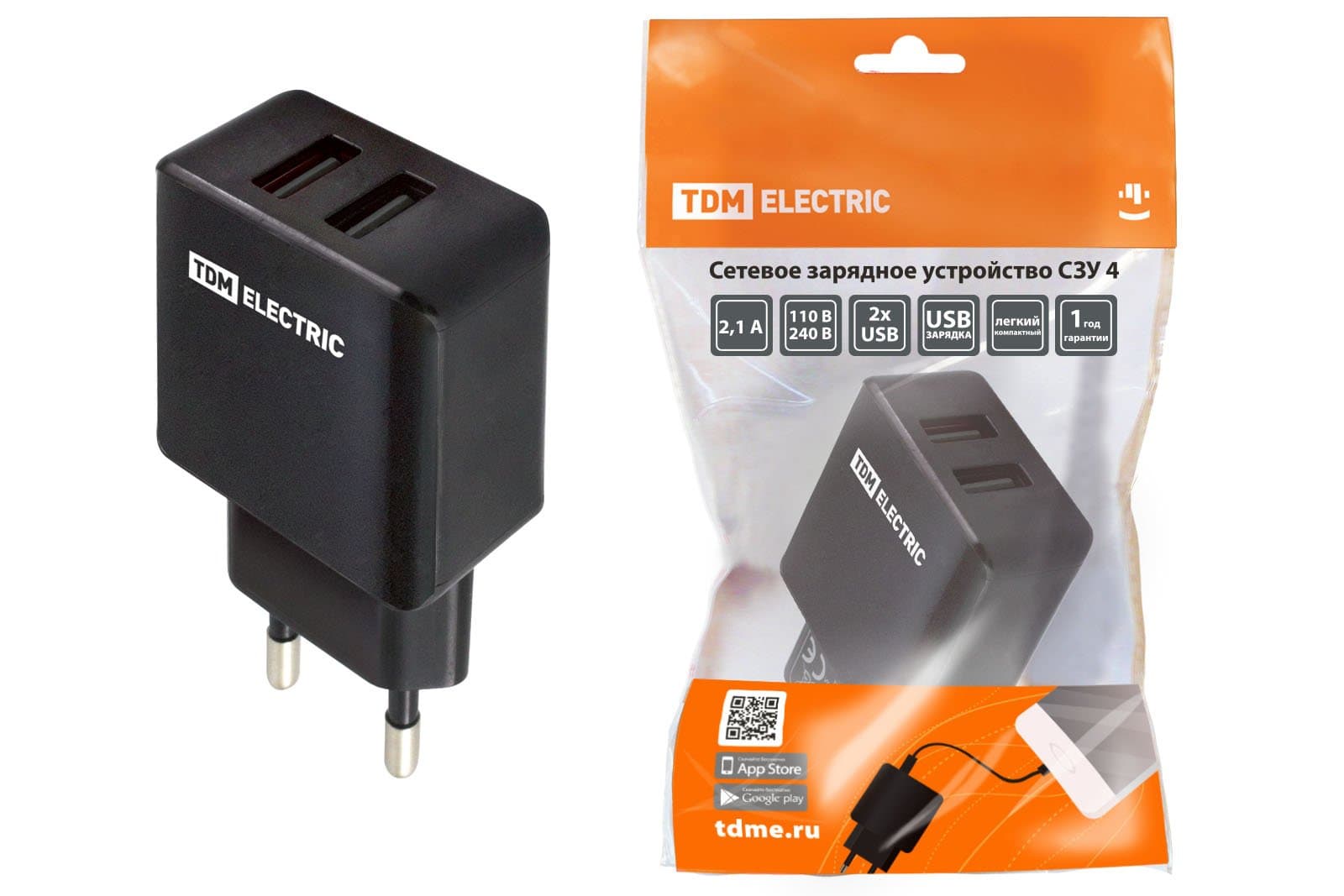 TDM Сетевое зарядное устройство, СЗУ 4, 2,1 А, 2 USB, черный, SQ1810-0021