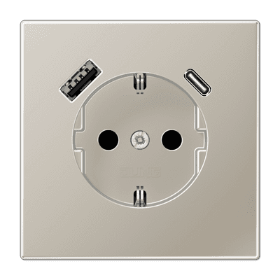 JUNG SCHUKO Розетка с USB-зарядным устройством, тип A + тип С; термопласт; нержавеющая сталь ES1520-15CA-L