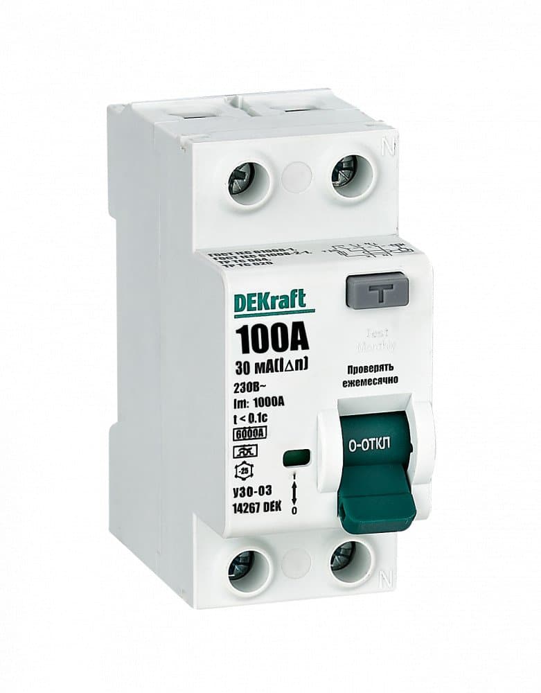 Dekraft ВДТ 2P 100A 30мА тип A 6кА УЗО-03