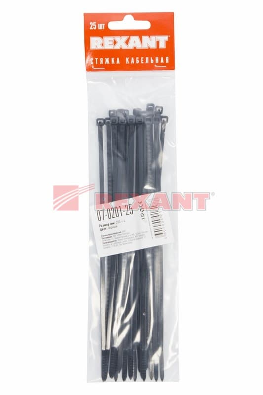 Хомут nylon 200 x 3,6 мм 25шт чёрный Rexant 07-0201-25 — миниатюра 2