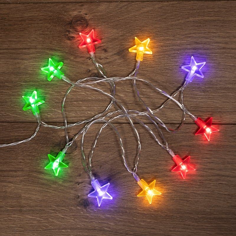 NEON-NIGHT Гирлянда светодиодная «Звездочки» 1.5 м, 10 LED, прозрачный ПВХ, цвет свечения мультиколор, 2 х АА (батарейки не в комплекте) 303-090
