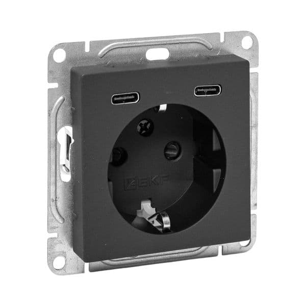 EKF Механизм розетки с USB-C - 2шт, 16А, с заземлением, со шторками, чёрный Эпика — миниатюра 1