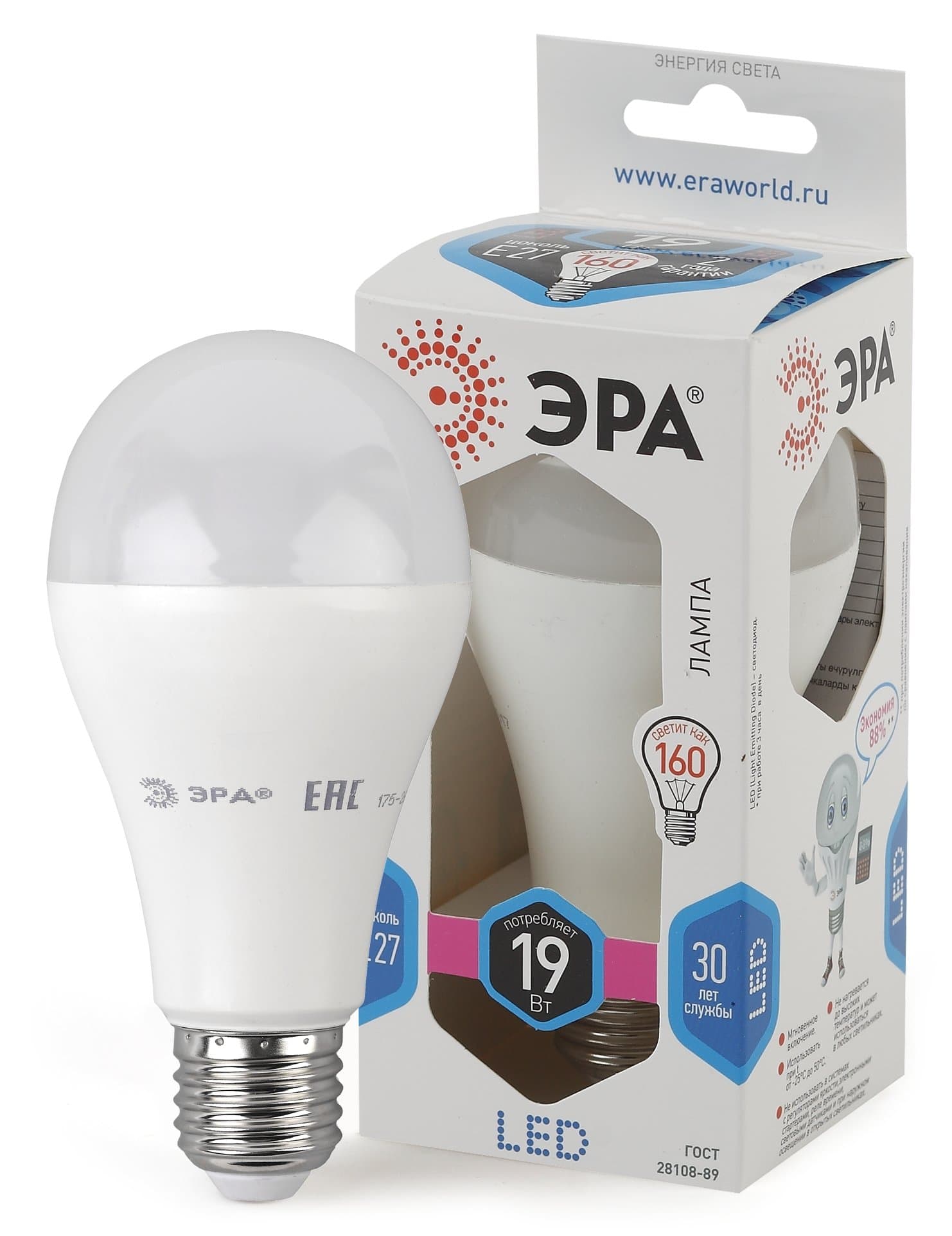 ЭРА LED A65-19W-840-E27 Лампа светодиодная (диод, груша, 19 Вт, нейтр, E27) (10/100/1500)