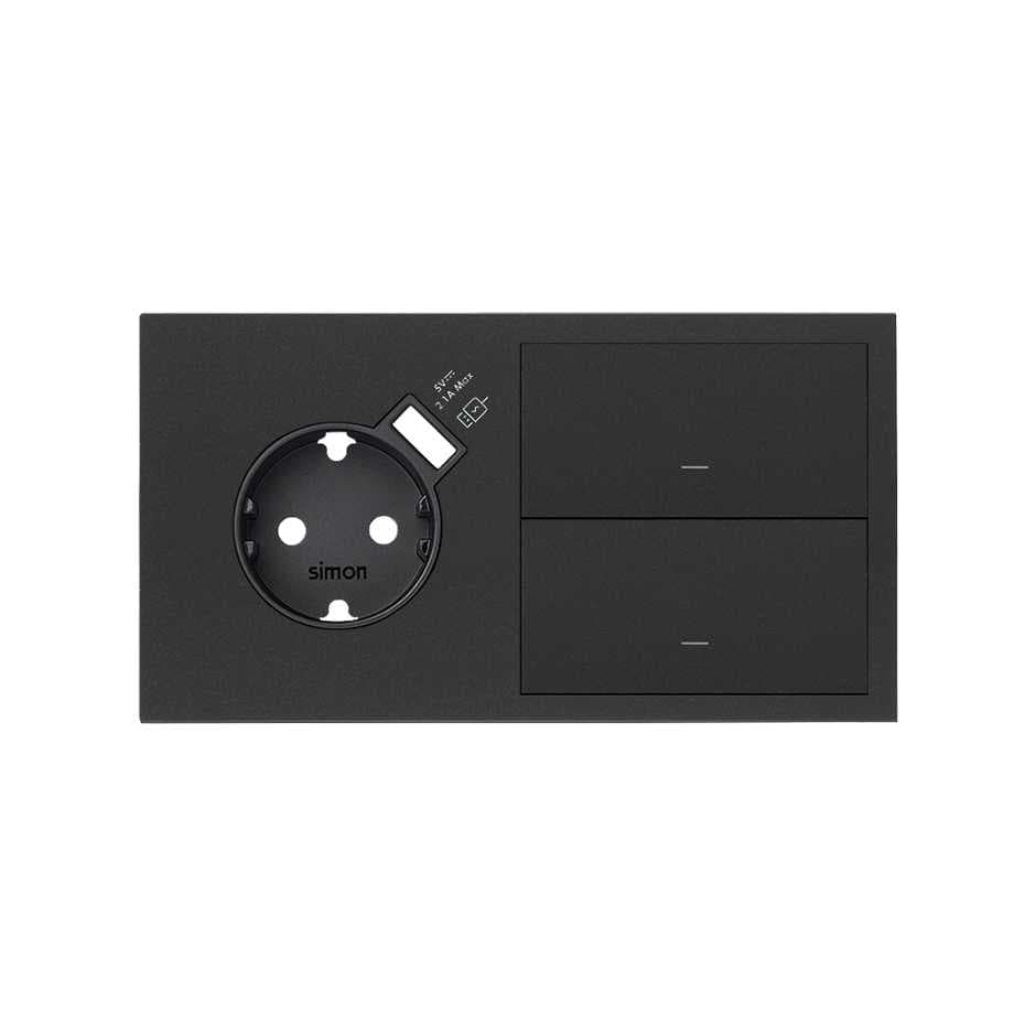 Simon 100 Черный матовый Кит 2 поста, фронт. Накладка на 1 розетку Schuko с з/у USB SC + 2 клавиши выключателей 10020212-238