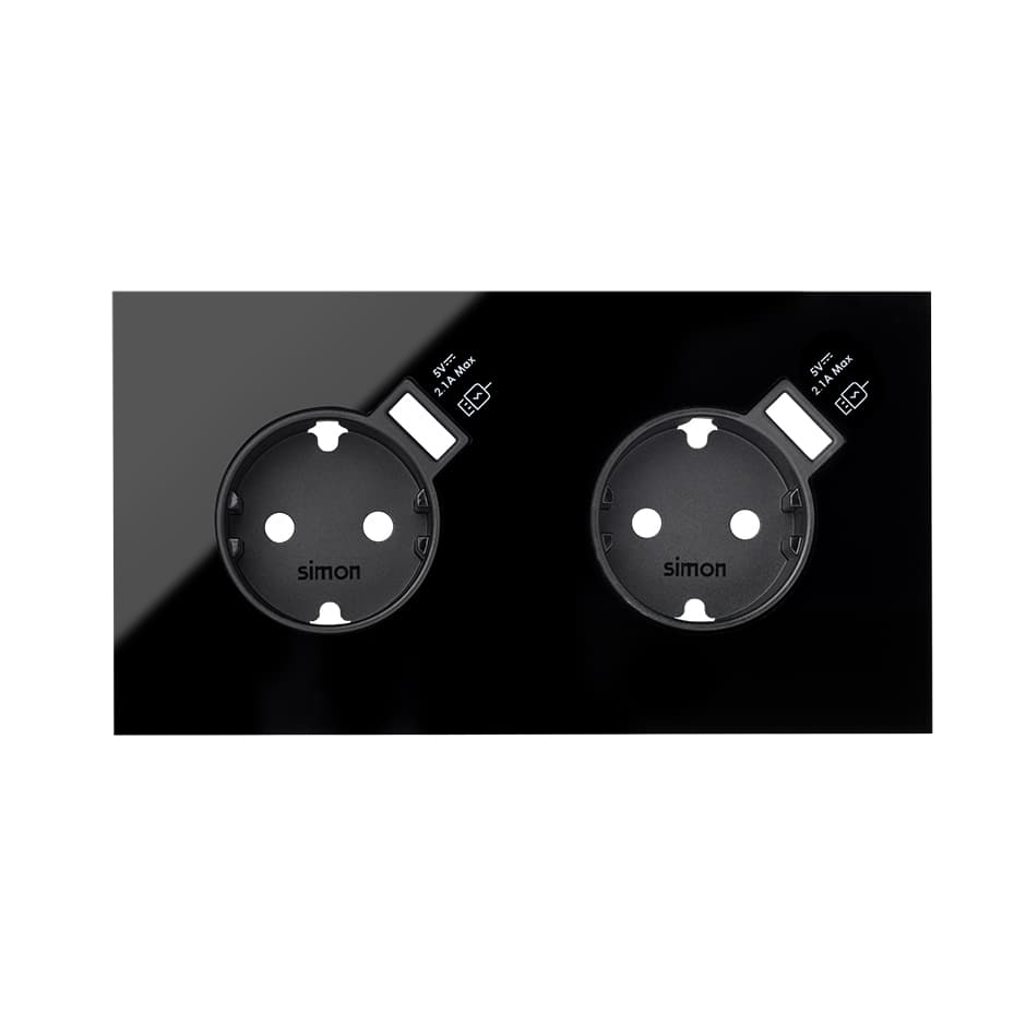 Simon 100 Черный глянец Кит 2 поста, фронт. Накладка на 2 розетки Schuko с з/у USB SC 10020211-138