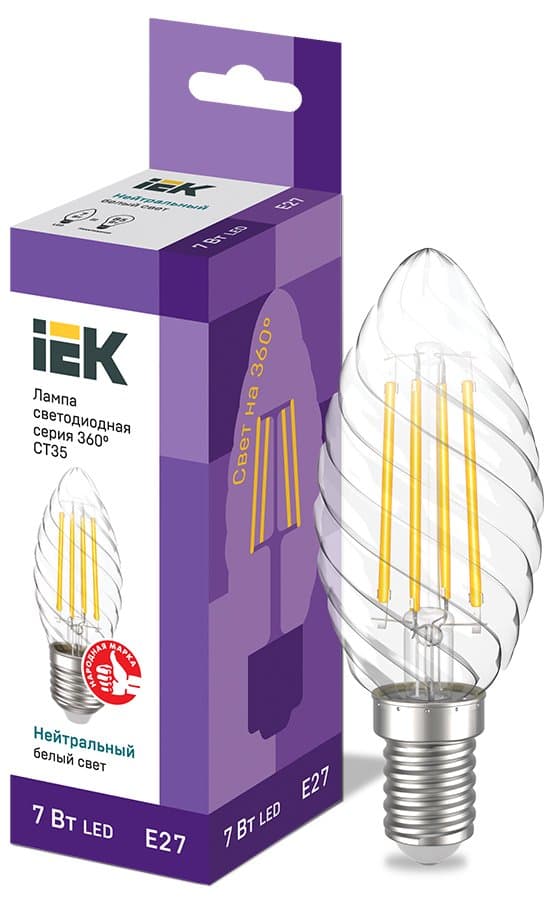 IEK Лампа LED CT35 свеча витая 7Вт 230В 4000К E27 серия 360° — миниатюра 1
