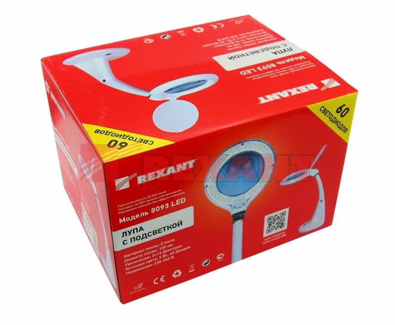 Лупа настольная 3D+12D с подсветкой 60LED, белая Rexant 31-0243 — миниатюра 3