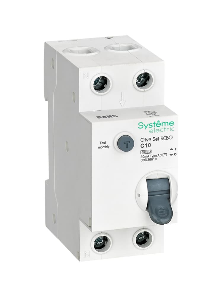 Systeme Electric City9 Set Автоматический выключатель дифференциального тока (АВДТ) 1P+N С 10А 6kA 30мА Тип-AС 230В C9D36610