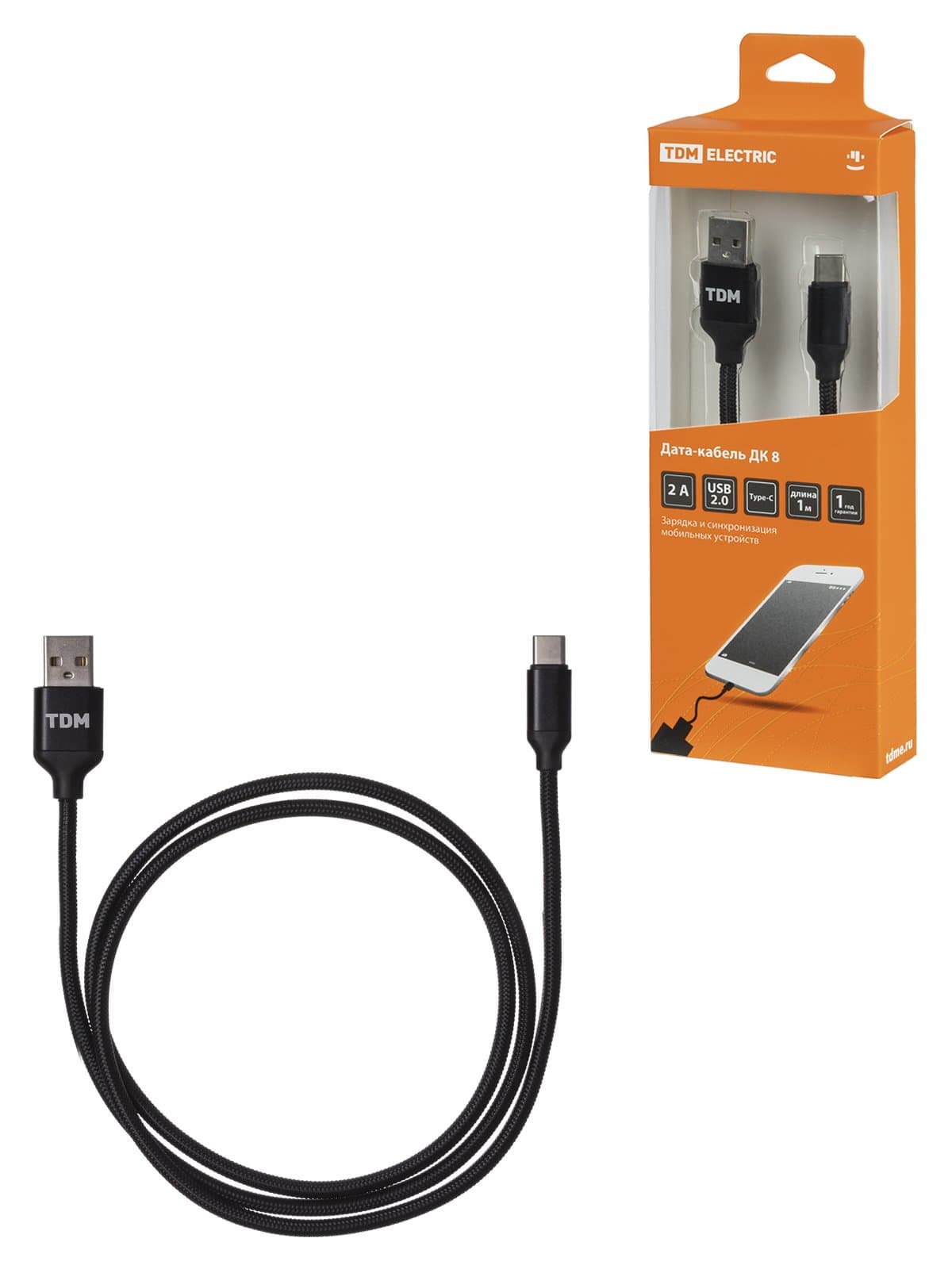 TDM Дата-кабель, ДК 8, USB - USB Type-C, 1 м, тканевая оплетка, черный, SQ1810-0308