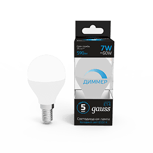 Gauss Лампа Шар 7W 590lm 6500К E14 диммируемая LED 105101307-D