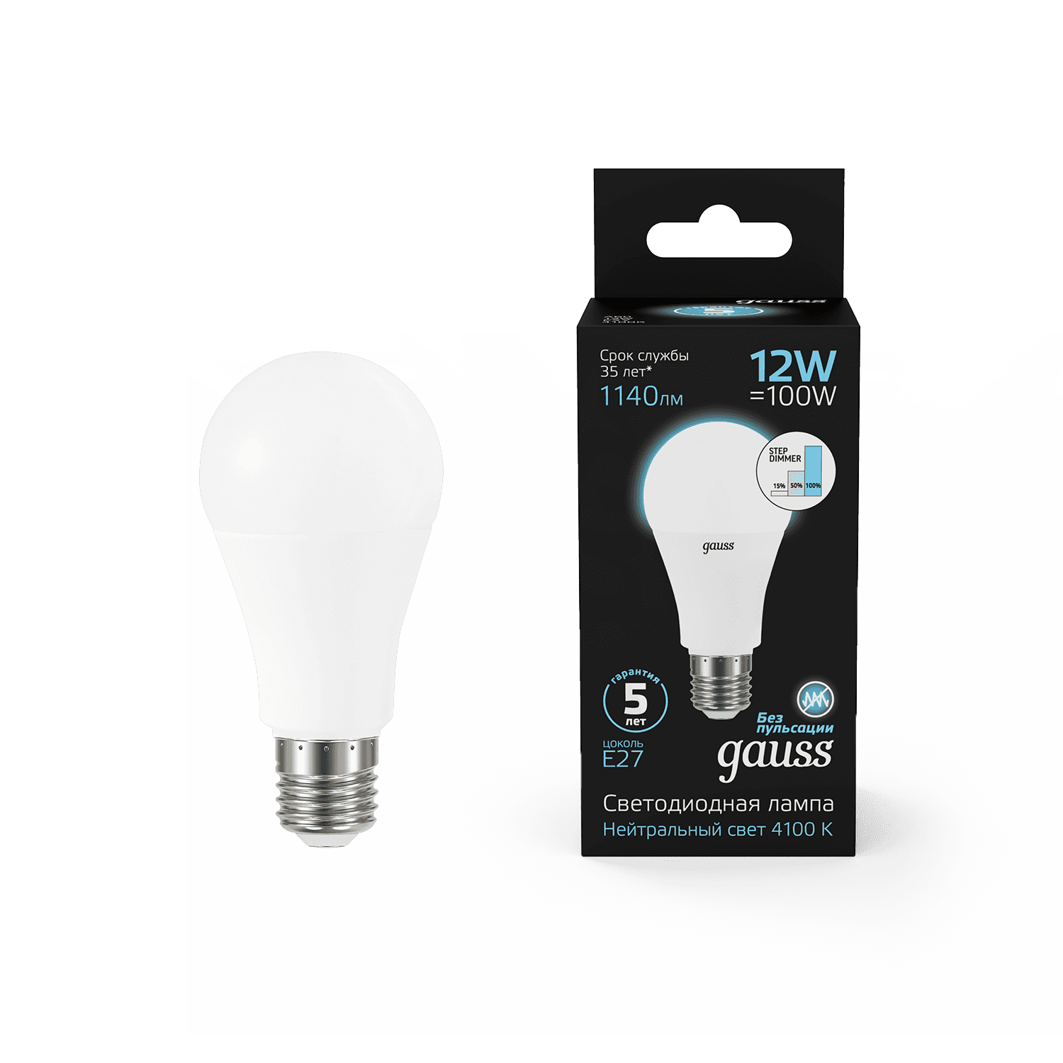 Gauss Лампа A60 12W 1140lm 4100K Е27 шаг. диммирование LED 102502212-S — миниатюра 7