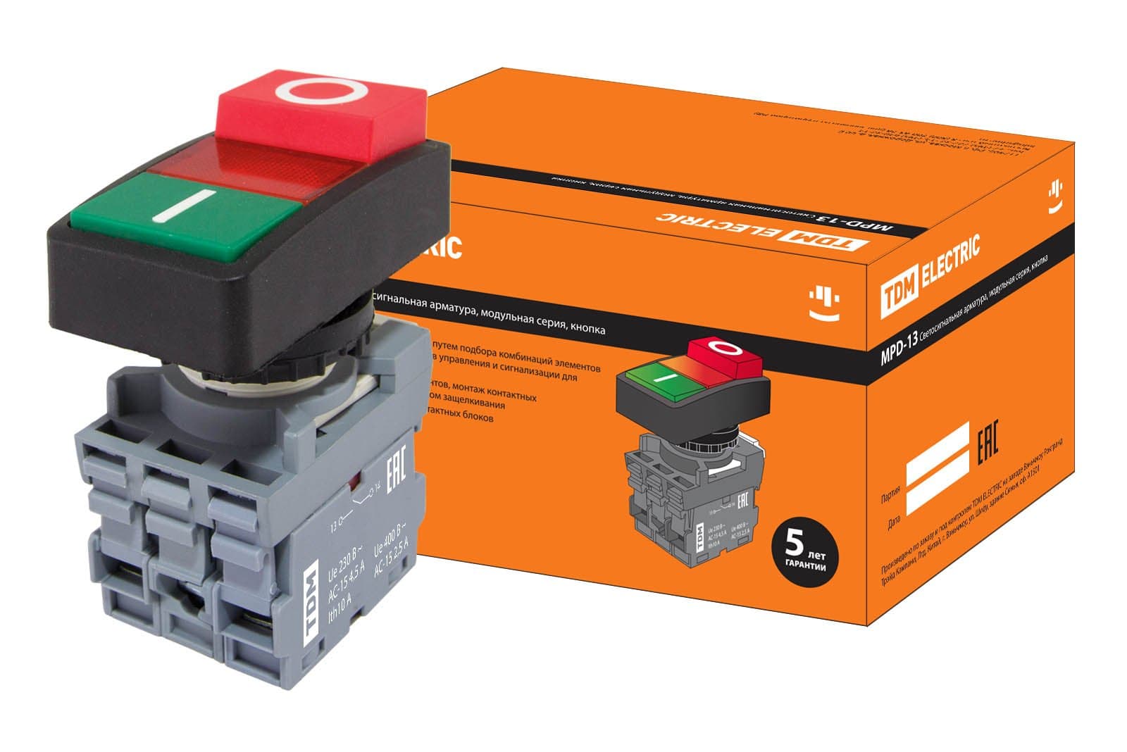 TDM Кнопка двойная MPD13-11R (зеленая/красная-выступающая) (LED) d22мм/220В (I/O) линза красная SQ0747-0035