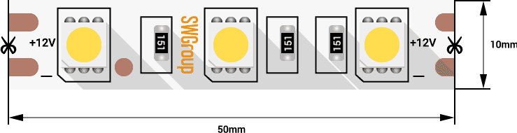 SWG Лента светодиодная стандарт 5050, 60 LED/м, 14,4 Вт/м, 12В , IP20, Цвет: Холодный белый SWG560-12-14.4-W