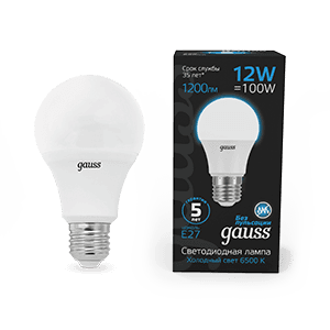 Gauss Лампа A60 12W 1200lm 6500K E27 LED 1/10/50 102502312