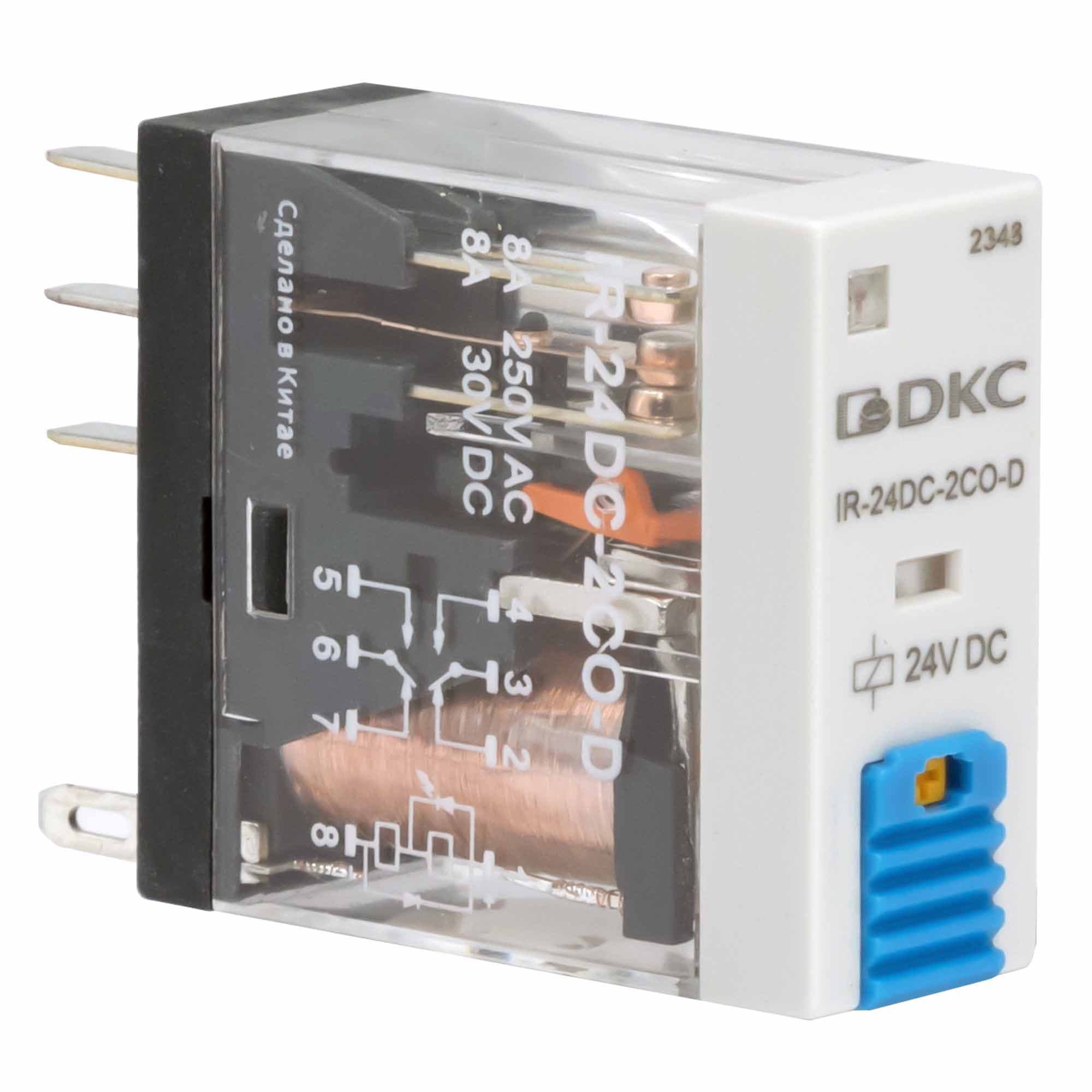 DKC Реле миниатюрное промышленное, 2CO, ком. ток 8А, AgSnO2, напряжение 12V DC, опция: тест-кнопка+светодиод+защитный диод