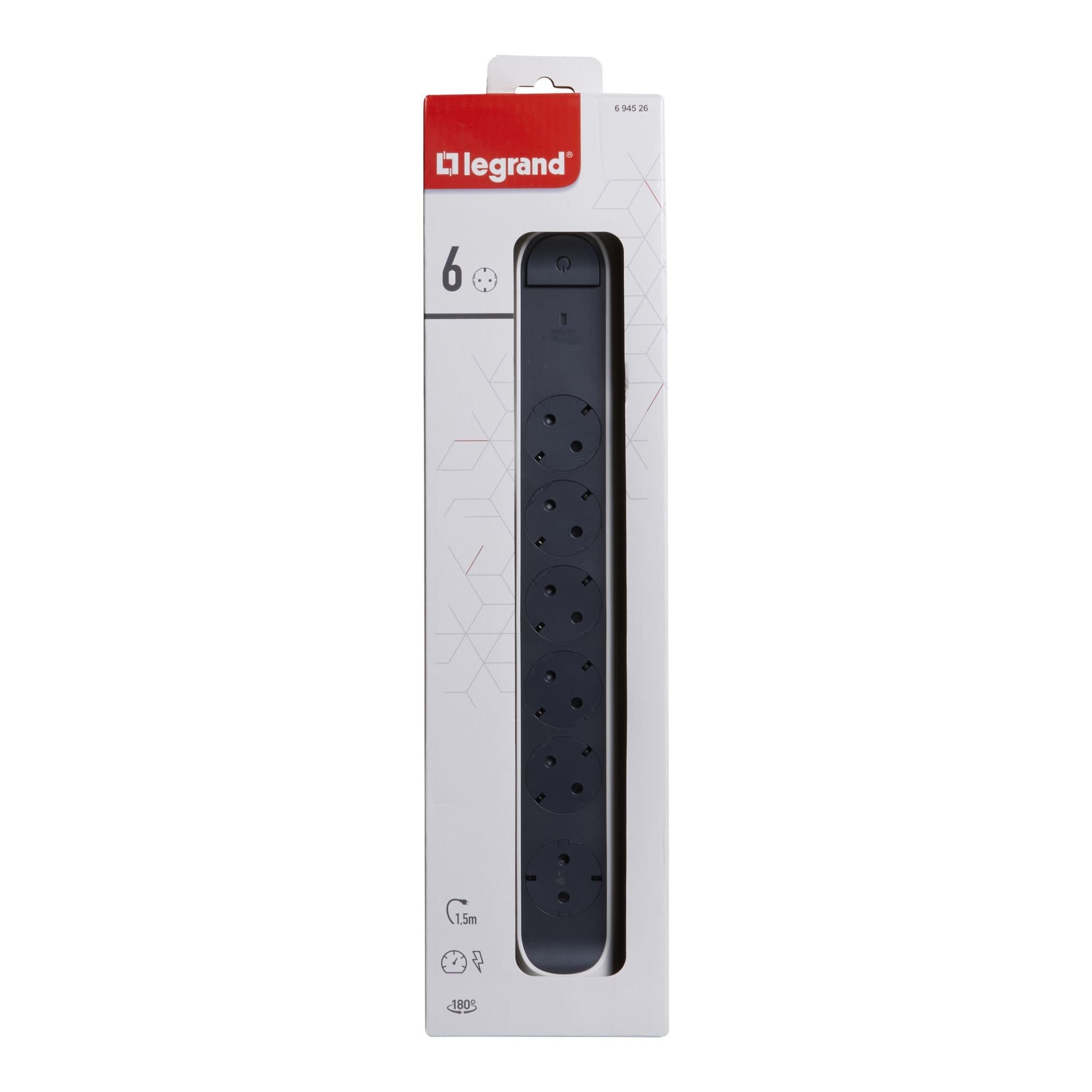 Legrand Revolution Комфорт Бело-черный Удлинитель 4x2К+З с выкл., кабель 1,5м, плоские розетки, с ИПМ и защитой от перегрузки, фиксируемый поворотный 694526 — миниатюра 3