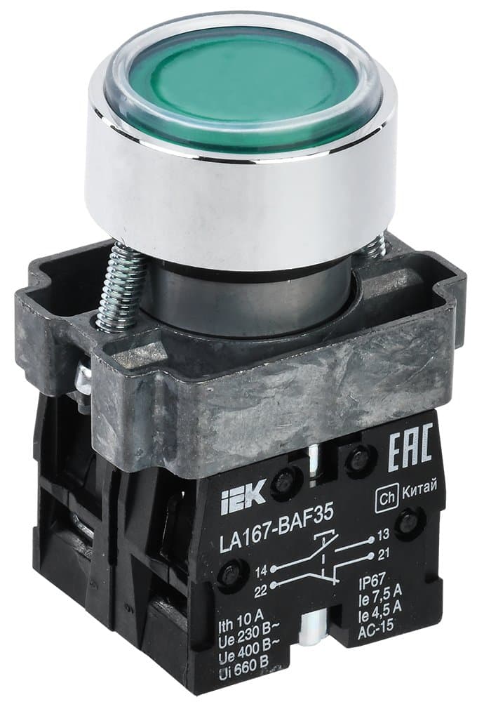 IEK Кнопка LA167-BAF35 d=22мм 1з+1р зеленая