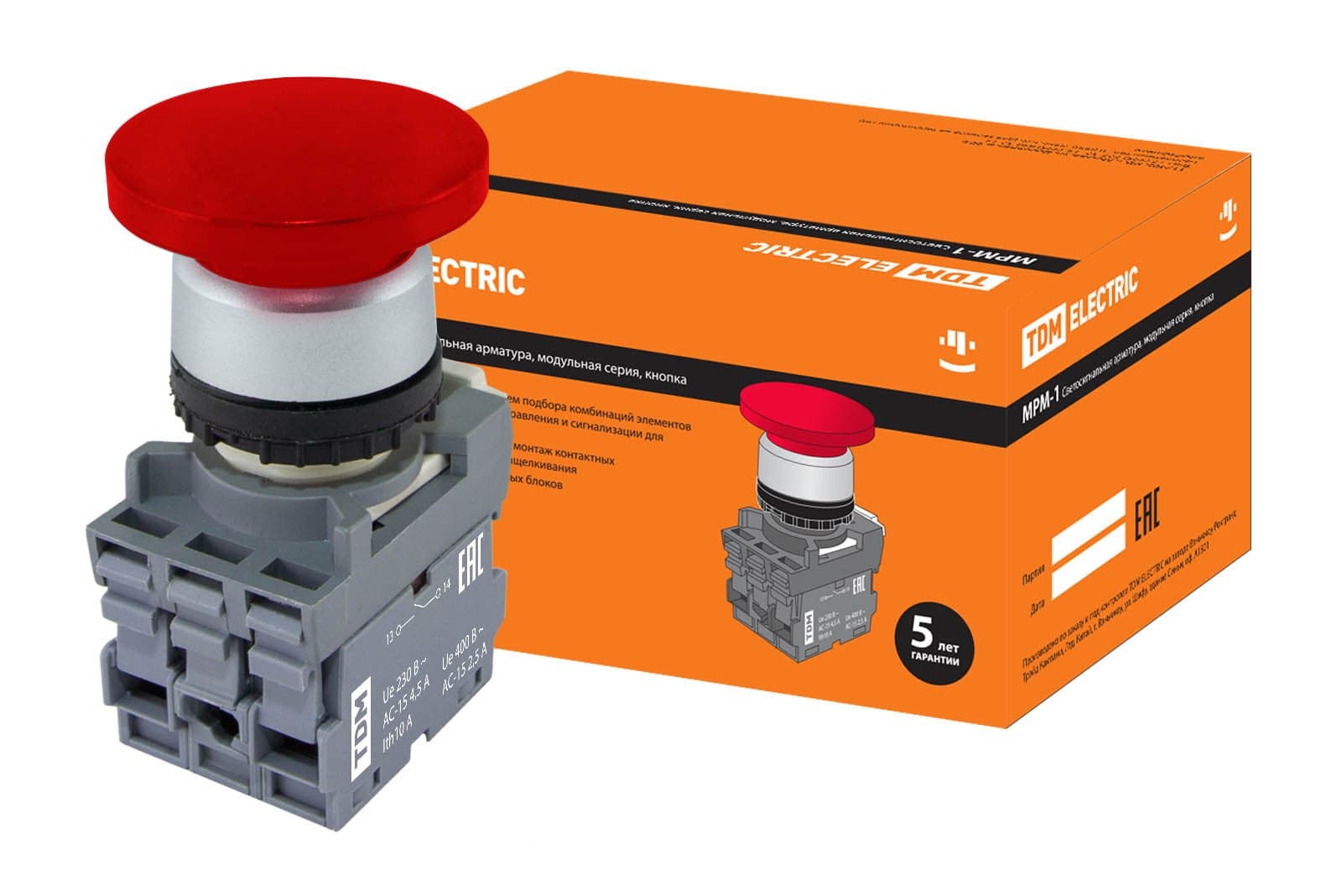 TDM Кнопка грибовидная МРМ1-10R в сборе d40мм 1з+1р красная SQ0747-0029
