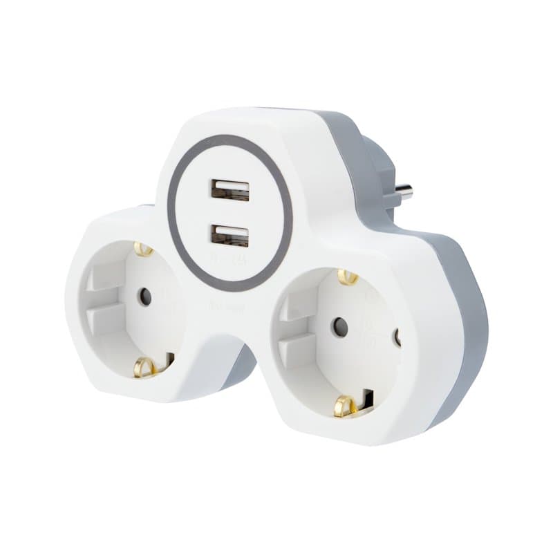 Двойник электрический 16 А с заземлением и защитными шторками + 2 USB порта, 2,4 А, белый Rexant 11-1089