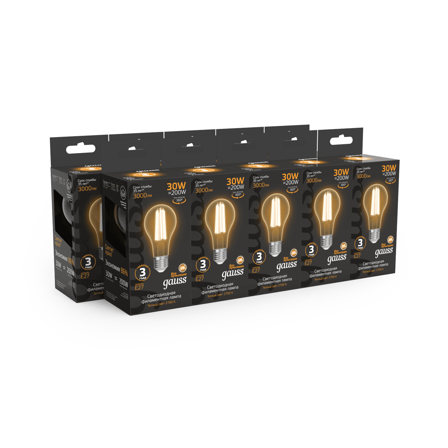 Gauss Лампа Filament А70 30W 3000lm 2700К Е27 LED 1/10/40 102902130 — миниатюра 7