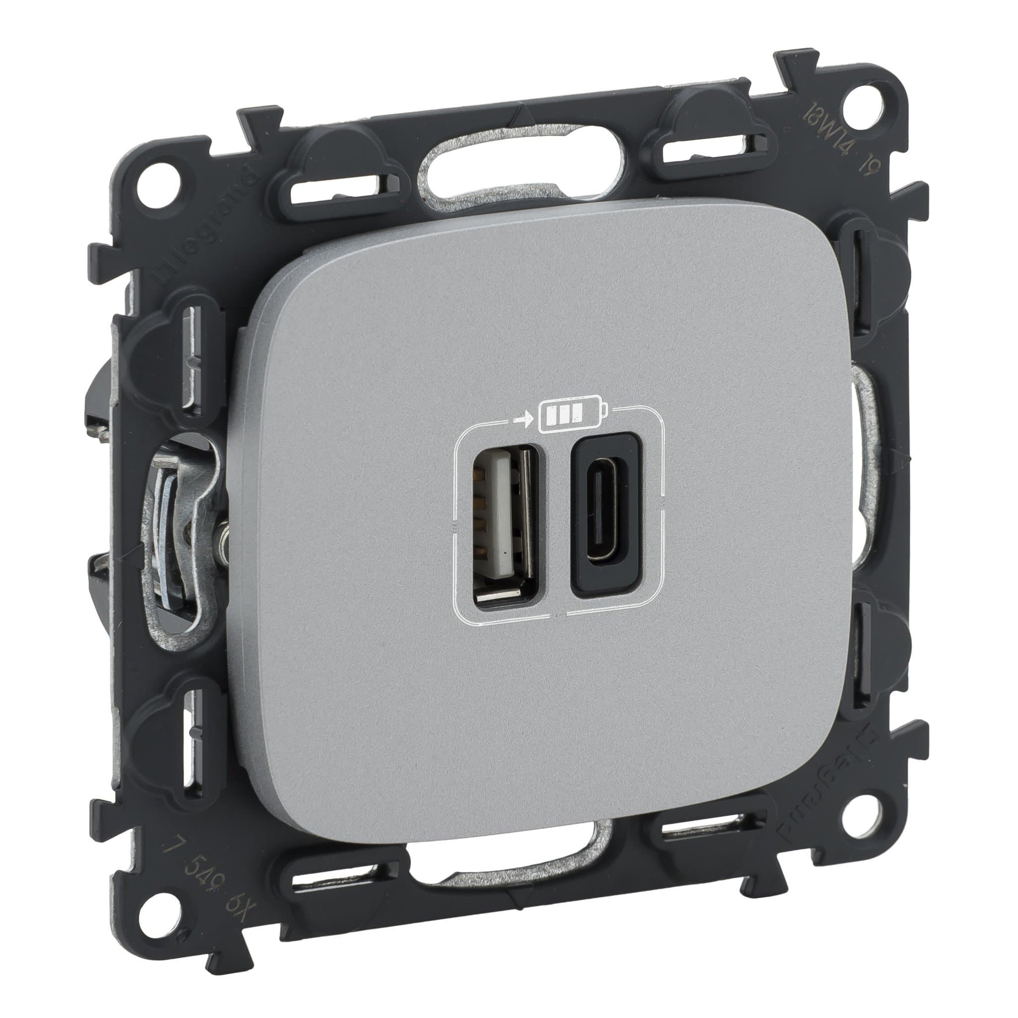 Legrand Valena Allure, алюминий, зарядное устройство с двумя USB разъемами A-C 754967