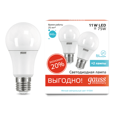Gauss Лампа Elementary A60 11W 840lm 4100K E27 (2 лампы в упаковке) LED 23221P — миниатюра 8