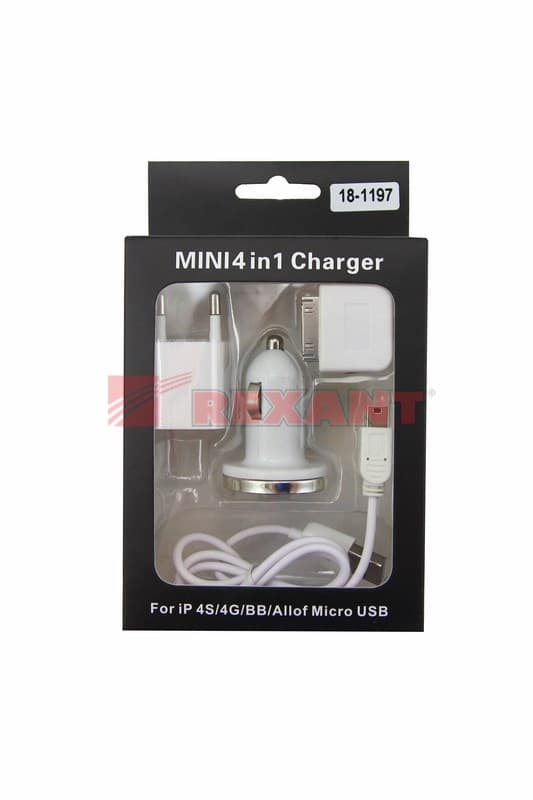 Комплект СЗУ, АЗУ, кабель miniUSB-USB, Переходник microUSB, 30 pin , белый Rexant 18-1197 — миниатюра 2