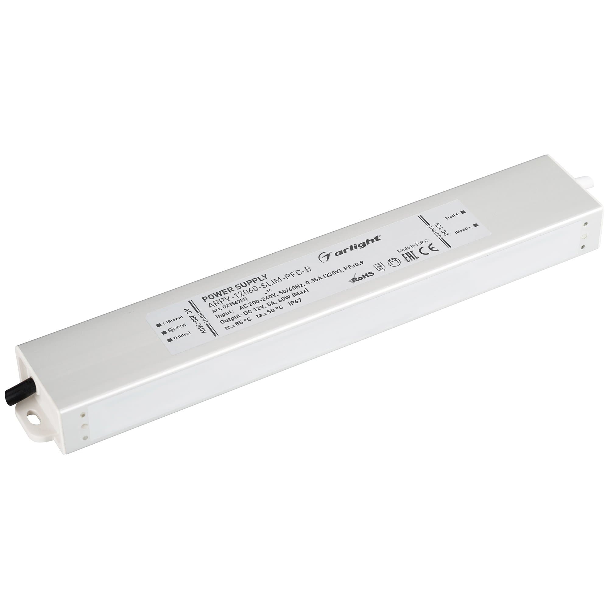 Arlight Блок питания ARPV-12060-SLIM-PFC-B (12V, 5.0A, 60W) (IP67 Металл, 3 года) 023547(1) — миниатюра 1