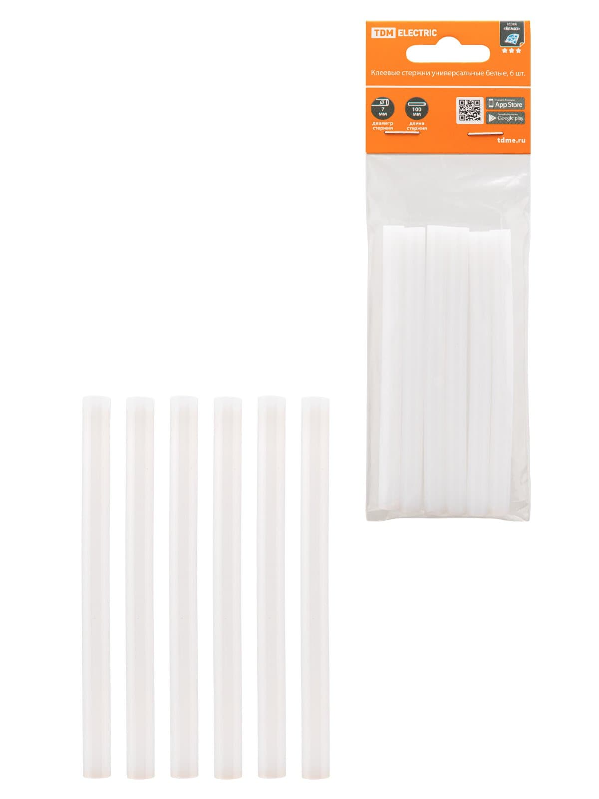 TDM Клеевые стержни универсальные белые, 7 мм x 100 мм, 6 шт, "Алмаз" SQ1024-0501
