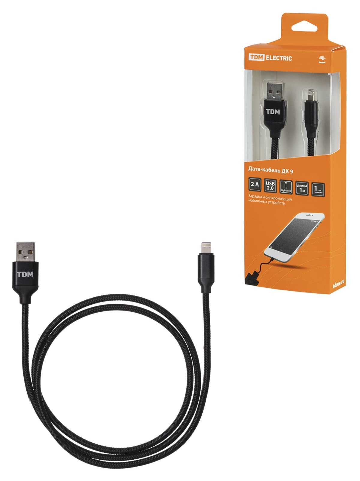 TDM Дата-кабель, ДК 9, USB - Lightning, 1 м, тканевая оплетка, черный, SQ1810-0309