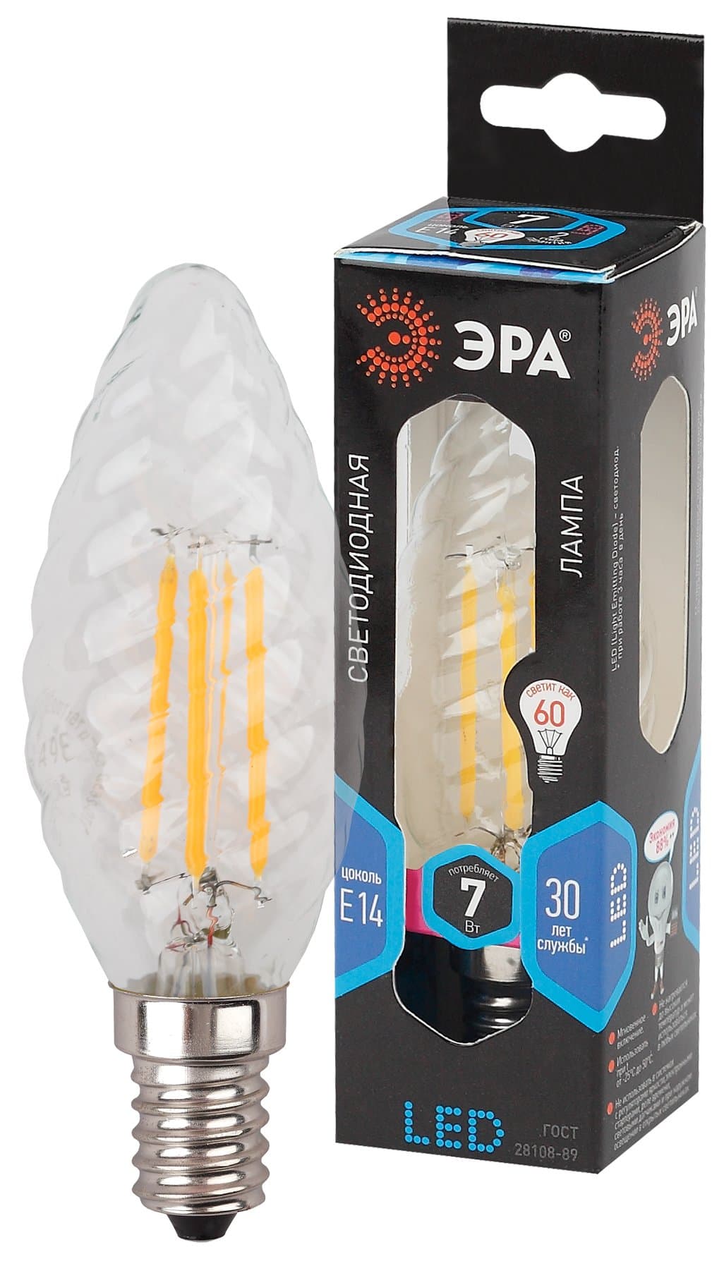 ЭРА F-LED BTW-7W-840-E14 (филамент, свеча витая, 7Вт, нейтр, E14)