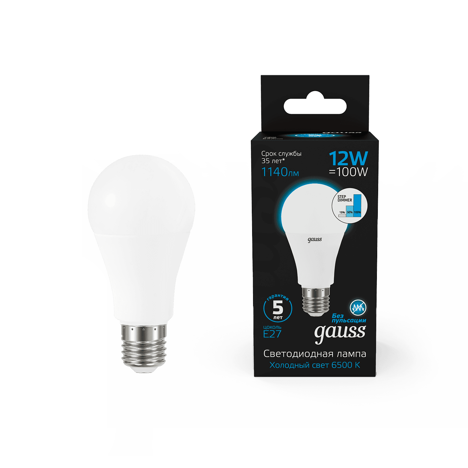 Gauss Лампа A60 12W 1140lm 6500K Е27 шаг. диммирование LED 102502312-S — миниатюра 6