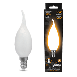 Gauss Лампа Filament Свеча на ветру 9W 590lm 3000К Е14 milky LED 104201109