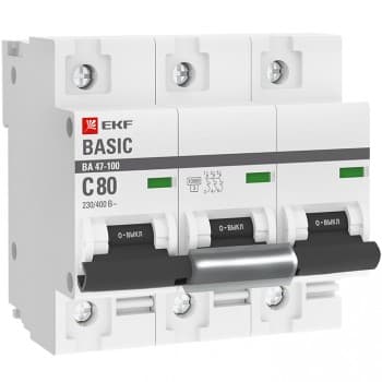 EKF Basic ВА 47-100 Автоматический выключатель (С) 3P 80А 10kA mcb47100-3-80C-bas — миниатюра 1