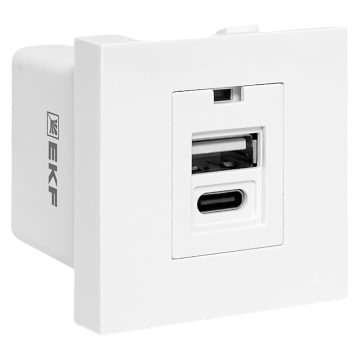 EKF Розетка USB A+C, 2.1А, 2 гнезда, без индикатора, белая — миниатюра 1