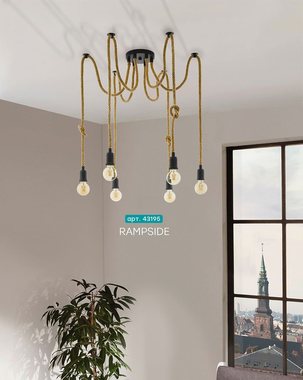Eglo 43195 Подвес RAMPSIDE, 6х28W(E27), основа 180, H1590, сталь, черный, канатные веревки — миниатюра 2