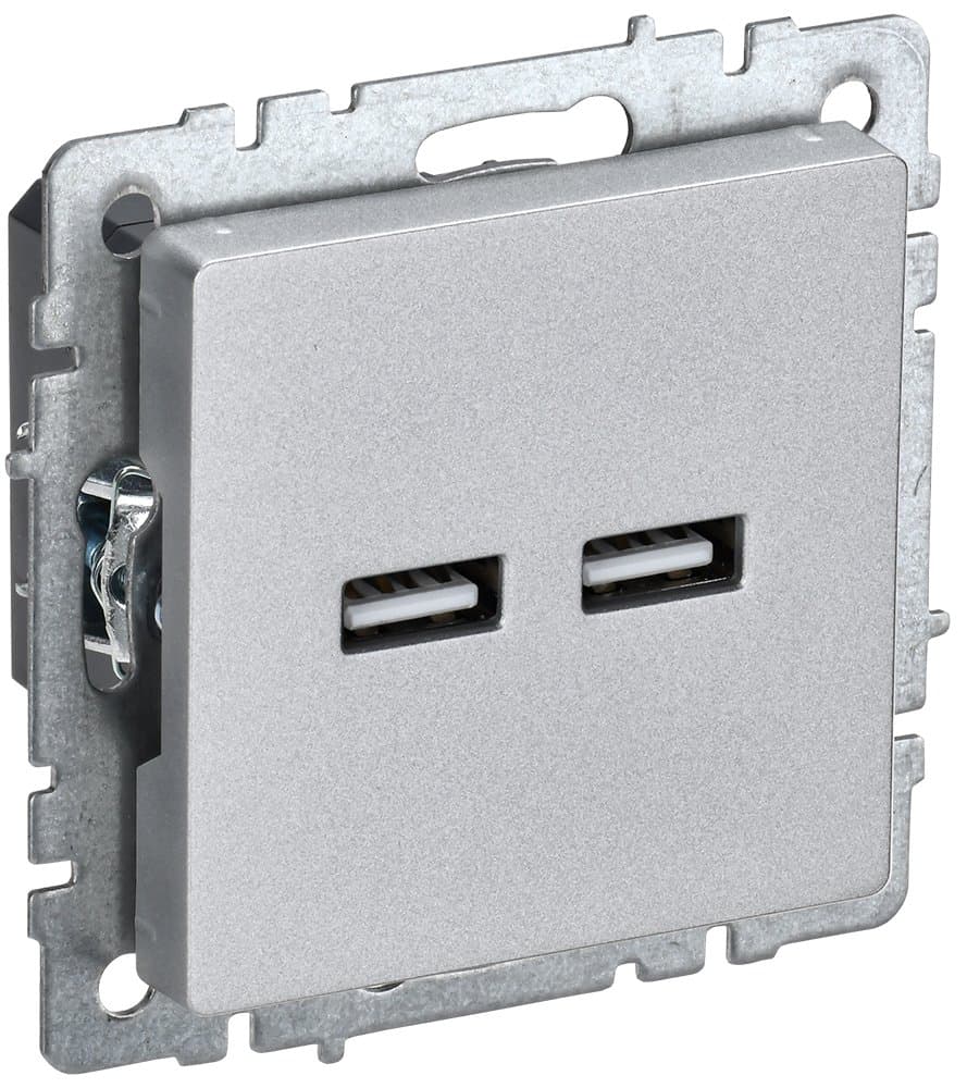 IEK BRITE BASE Алюминий Розетка USB A+A 3,1А РЮ10-1-БрА