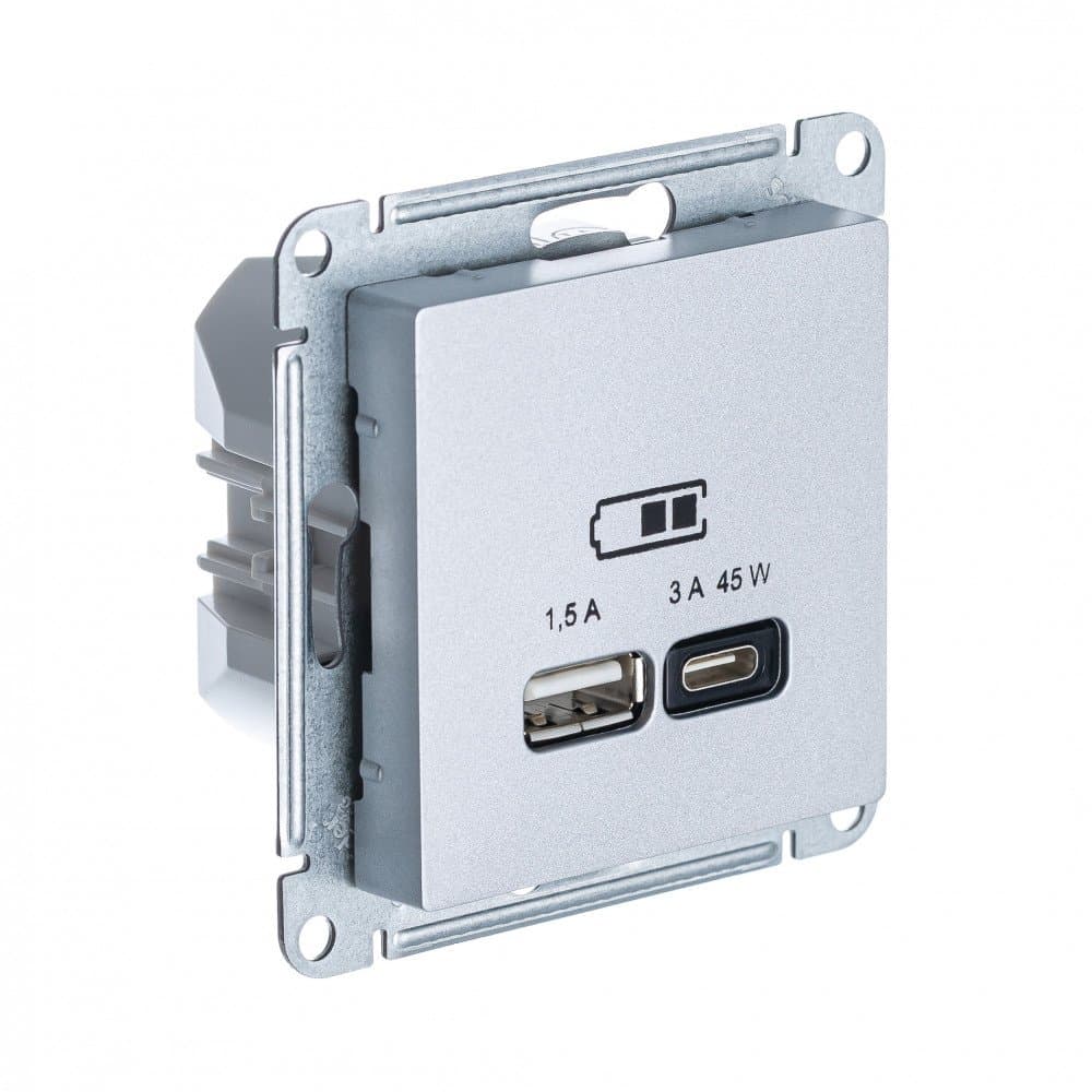 Systeme Electric AtlasDesign Алюминий USB Розетка A + тип-C 45W высокоскор.заряд. QC,PD, мех.