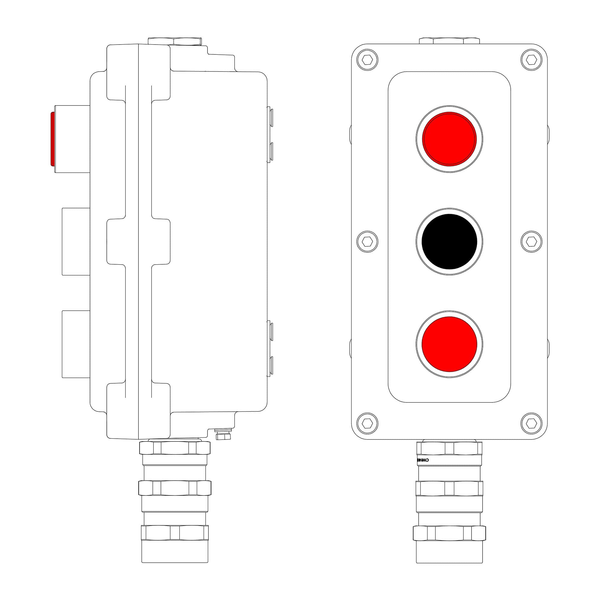 DKC Взрывонепроницаемый пост управления из алюминия LCSD-03-B-MC-L1R(220)x1-P1B(11)x1-P1R(11)x1-PCMB-KA3MHK / 1Ex d IIB T5 Gb / Ex tb IIIC T95°С Db IP