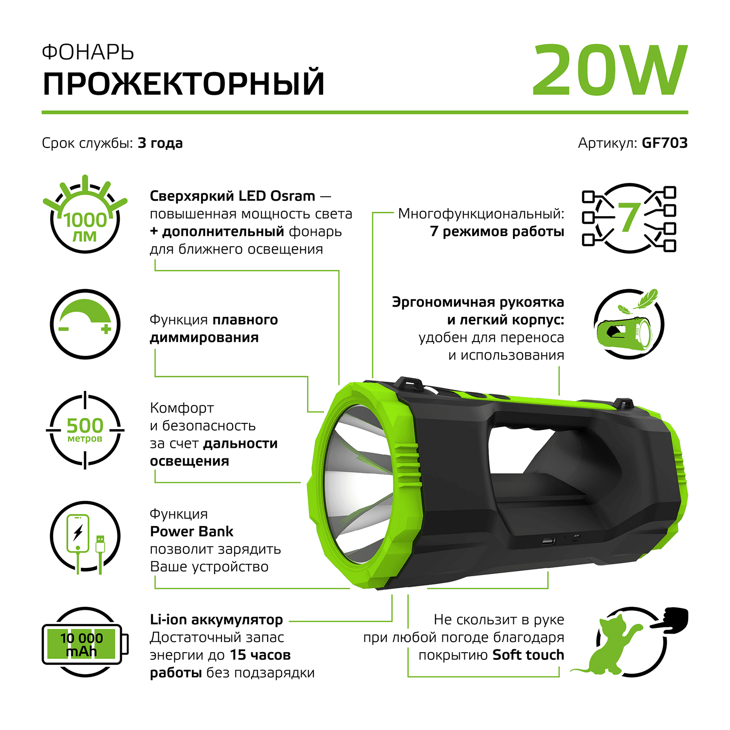 Gauss Фонарь прожекторный модель GFL703 20W 1000lm Li-ion 10000mAh диммируемый LED 1/12 GF703 — миниатюра 7
