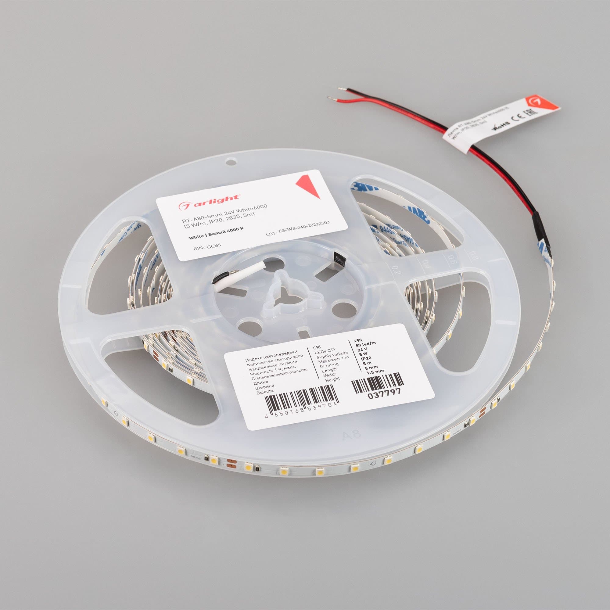 Arlight Лента RT-A80-5mm 24V White6000 (5 W/m, IP20, 2835, 5m) (Открытый) 037797 — миниатюра 7