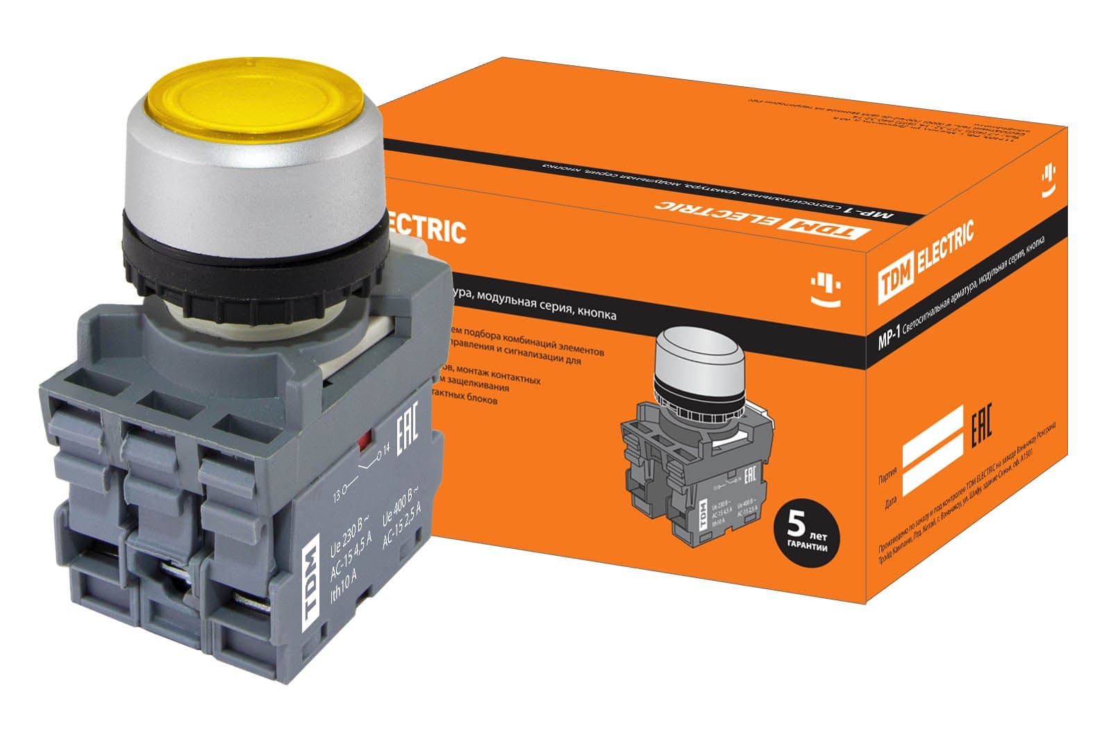 TDM Кнопка MP1-21Y(LED) в сборе d22мм/24В 1з+1р желтая SQ0747-0019