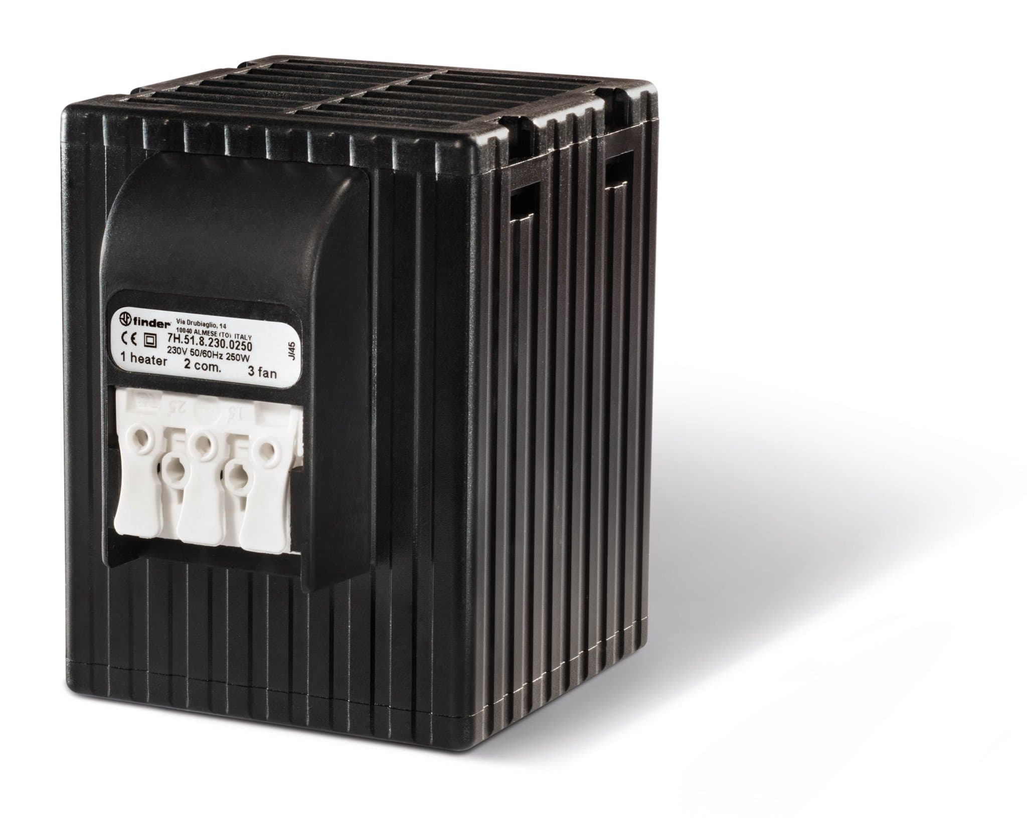 Finder Щитовые электронагреватели; электропитание 110…250В AC/DC; тепловая мощность 250Вт; установка на рейку 35мм; степень защиты IP20 7H5182300250