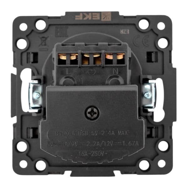 EKF Стокгольм Механизм Розетки 1-местной с/з, USB A+C 16А винтовые клеммы черный с защ. штор — миниатюра 4