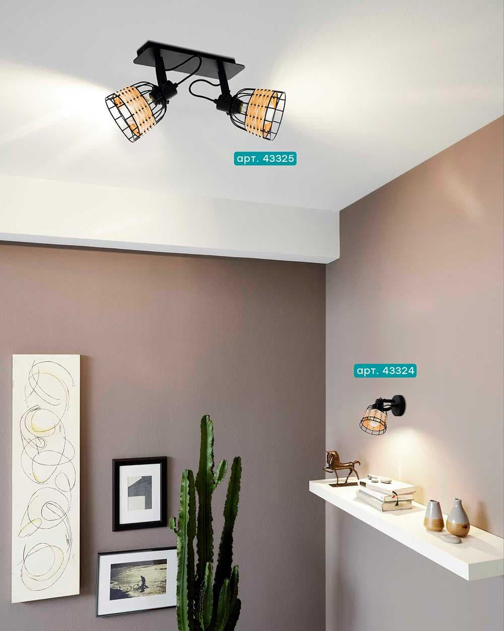 Eglo 43325 Спот ANWICK 1, 2x40W(E27), сталь, черный/ротанг, натуральный — миниатюра 2