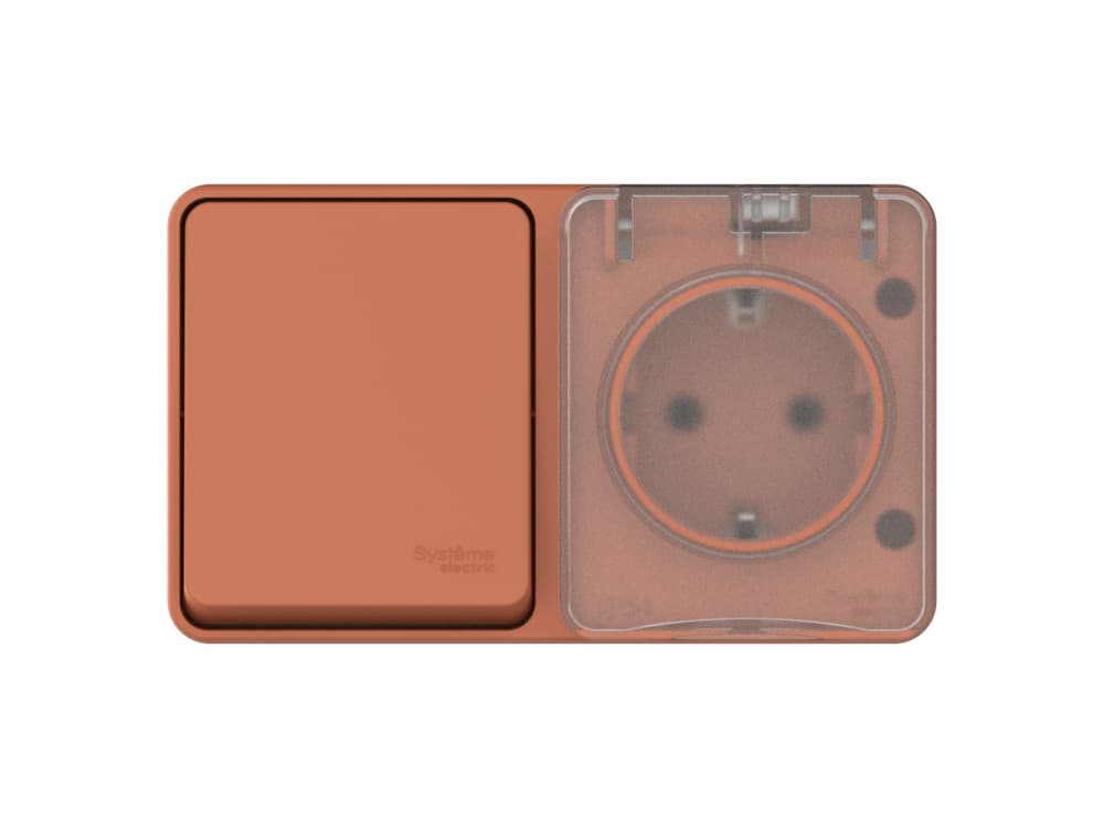 Systeme Electric AtlasDesign Profi54 Наруж Терракотовый Блок: Роз. з/к со шт. 16А, Выкл. 1-клав.10А — миниатюра 2